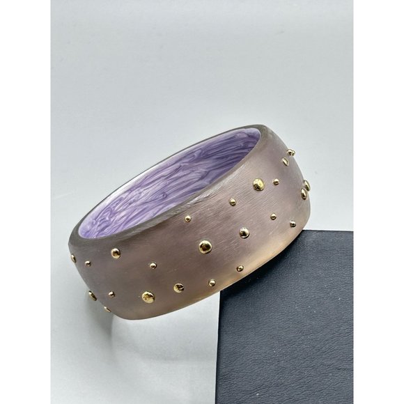 Frosted Lucite Bracelet Studded Bangle Wide Rigid Satin with Raised Gold Dots - Picture 5 of 9